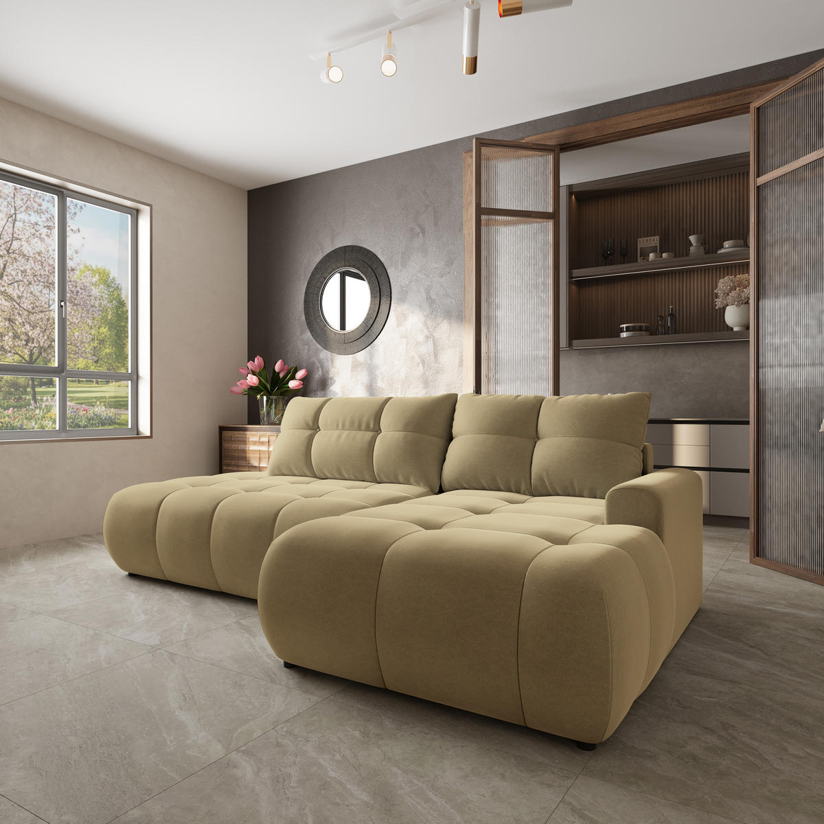 ECKSOFA FLUMA CL R-S Senfgelb Samtstoff mit Schlaffunktion - Currygelb, Holzwerkstoff/Textil (279/158cm) - MASSENO