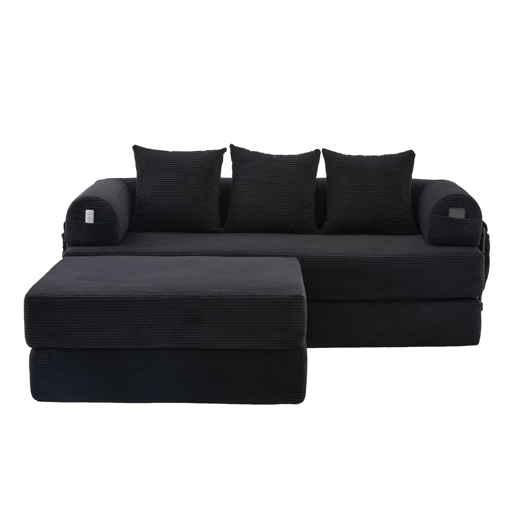 ECKSOFA aus Cord 200x190x67 cm Schwarz mit Hocker, Seitentasche und 3 Kissen - Schwarz, Textil (200/190cm) - Modfu