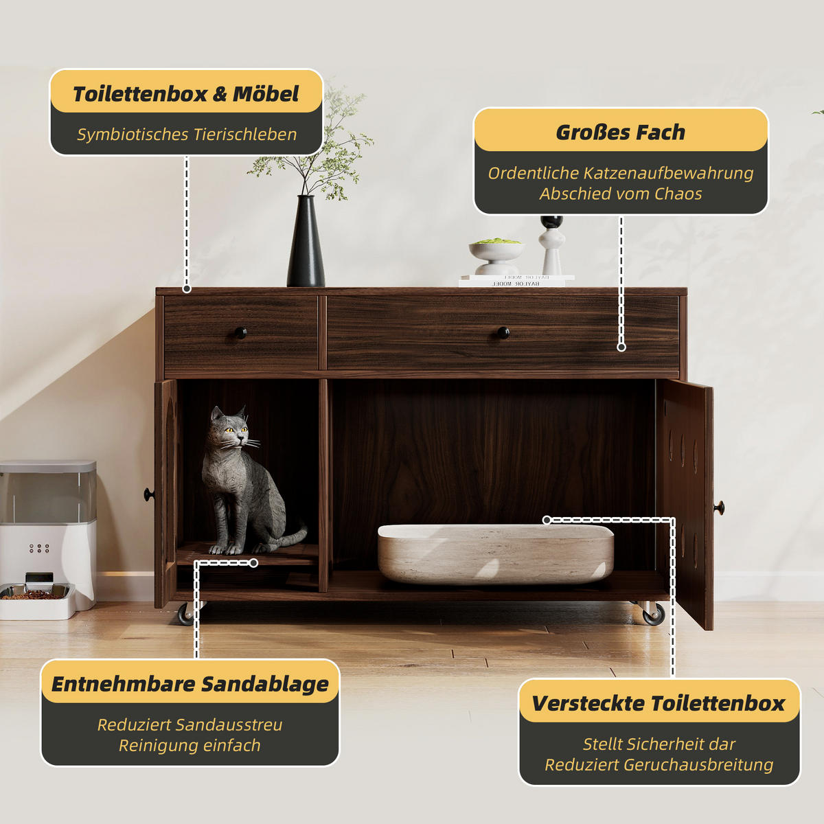 SIDEBOARD Nussbaumfarbe aus MDF 100×45×66cm als Katzenkloschrank mit Sandauffangplatte und Schubladen - Nussbaumfarben, Holzwerkstoff (45/66/10cm) - Luhomfu