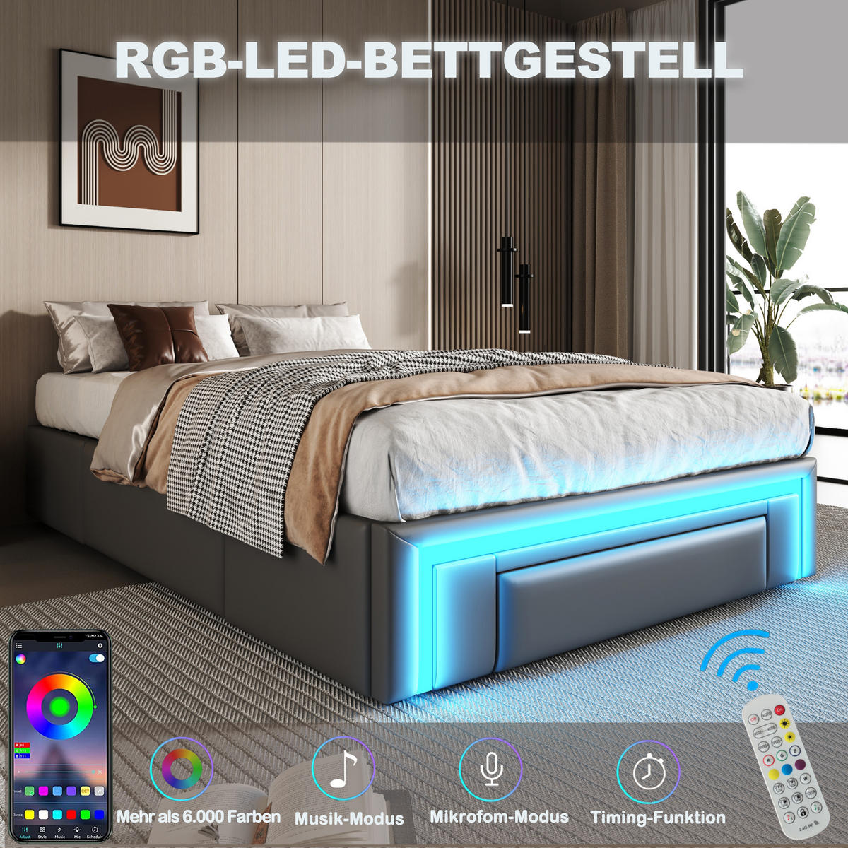 BETT mit Schubladen und LED 90X200 CM - Grau, Holzwerkstoff/Textil - Urban Meuble