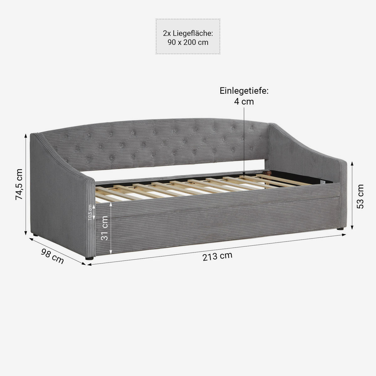 AUSZIEHBETT Cord 90/200 cm Grau 2 Liegeflächen - Grau, Textil (90/200cm) - Homestyle4u