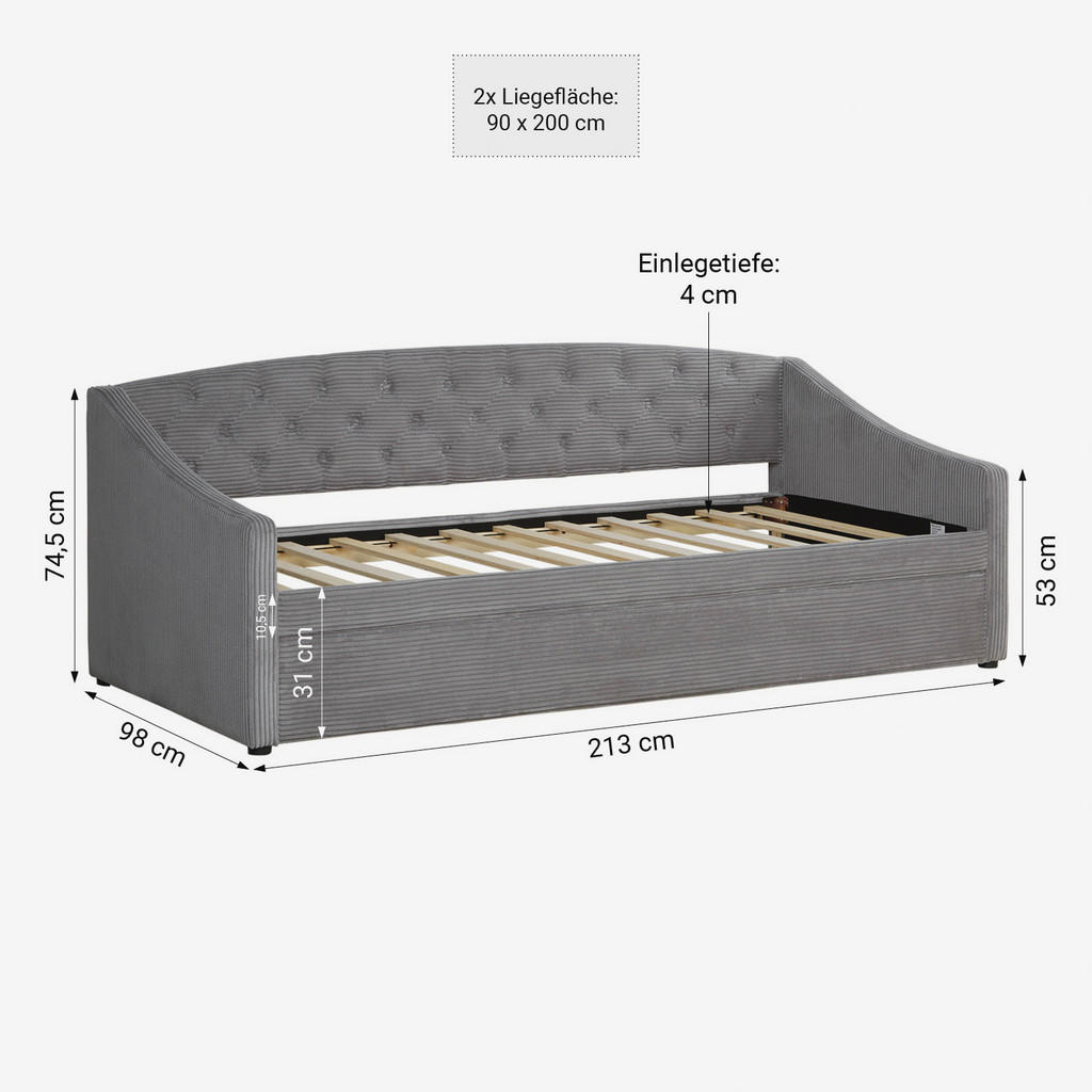 Thumbnail - Homestyle4u Ausziehbett, Grau, Textil, 90x200 cm, Schlafzimmer, Betten, Polsterbetten