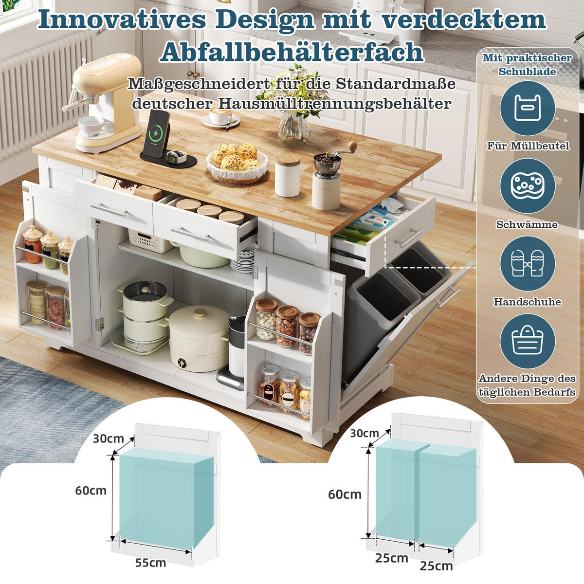 KÜCHENINSEL 138/56/92 cm Weiß mit 3 Schubladen, klappbare Arbeitsplatte und ausziehbarer Mülleimer - Weiß, Holz/Holzwerkstoff (86/92/138cm) - Oxeza