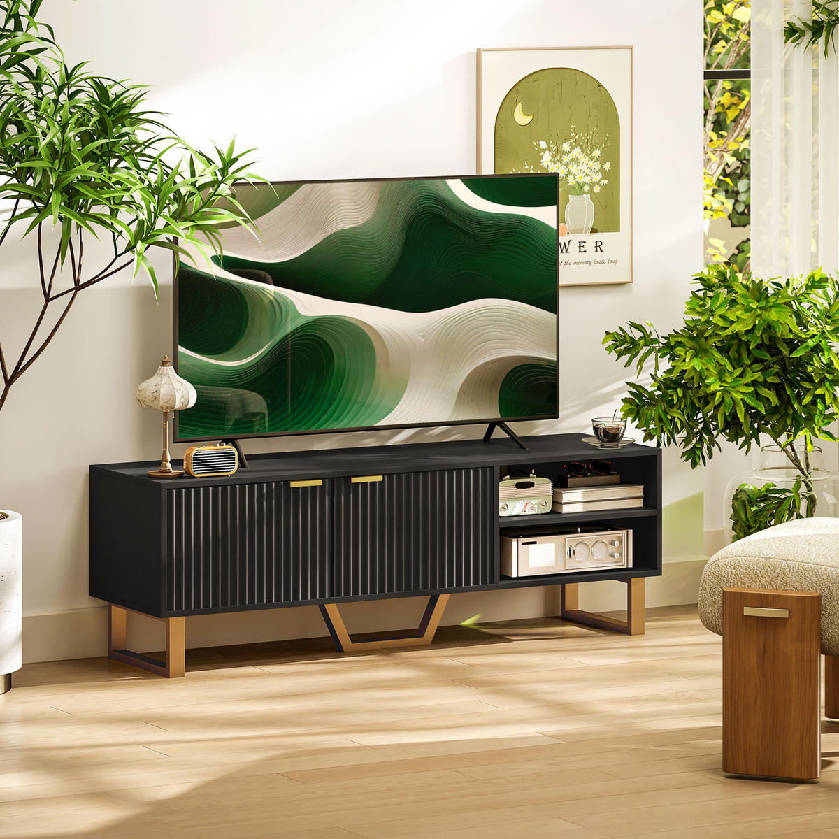 TV-LOWBOARD Holzoptik/Gold 140/39/47 cm, 2 geriffelte Türen, offene Fächer - Schwarz, Holzwerkstoff (140/47/39cm) - PANGIVO
