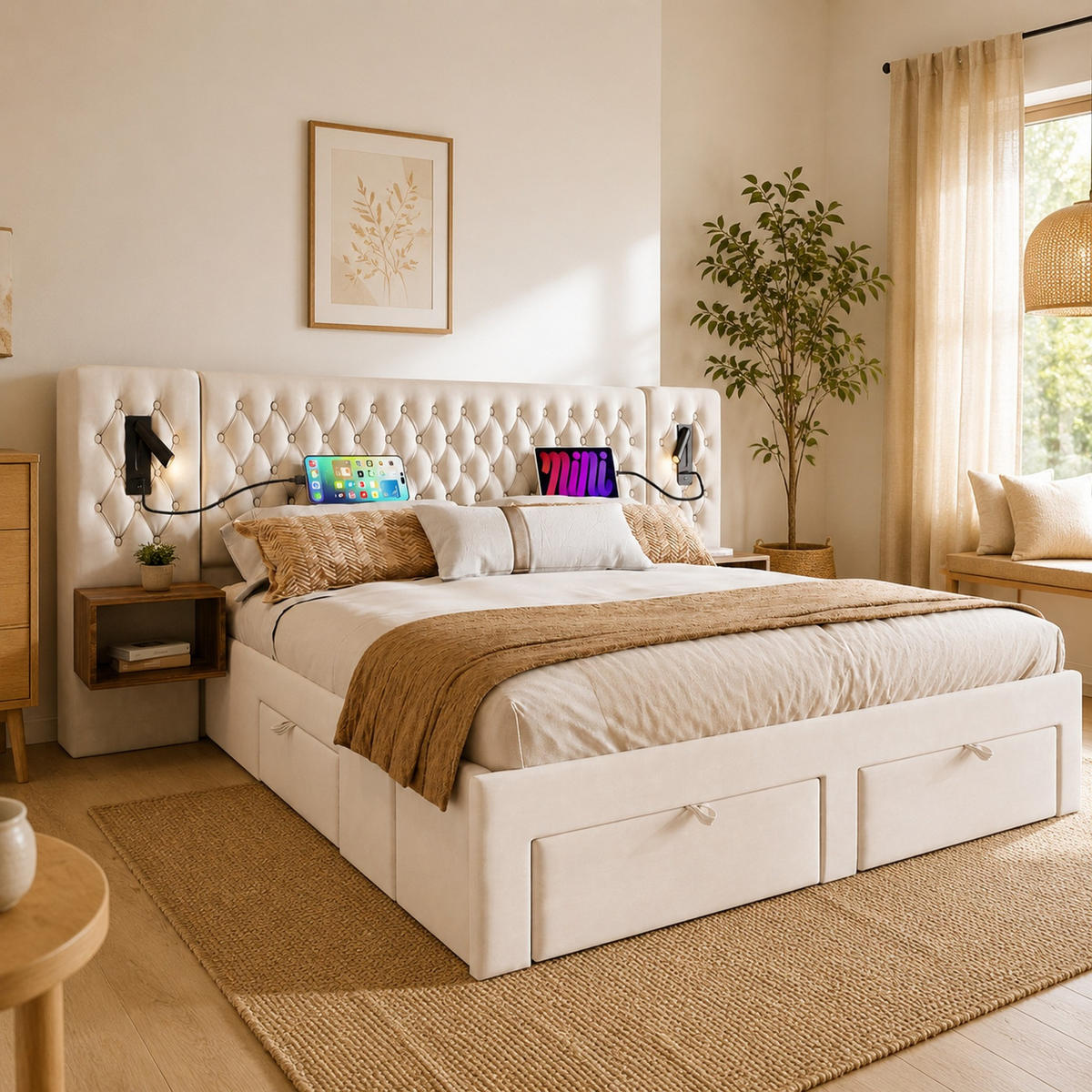 POLSTERBETT 160/200 mit Nachttischen, Schubladen und USB & Type-C in Beige - Beige, Holzwerkstoff/Textil (160/200cm) - EVRYAE