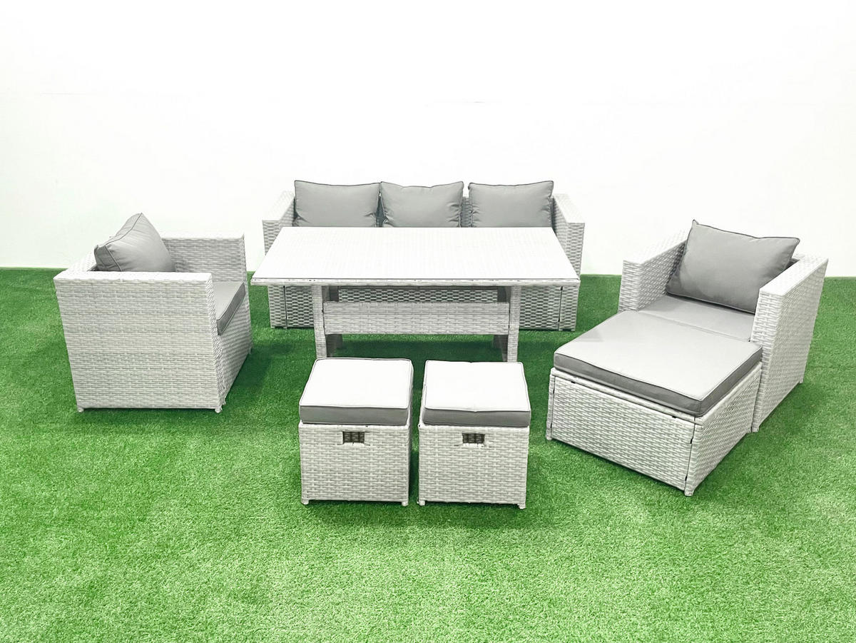 GARTENMÖBEL SET mit Sofa,3 Hockern Polyrattan Hellgrau 8-Sitzer - Hellgrau/Grau, Glas/Kunststoff - Fimous