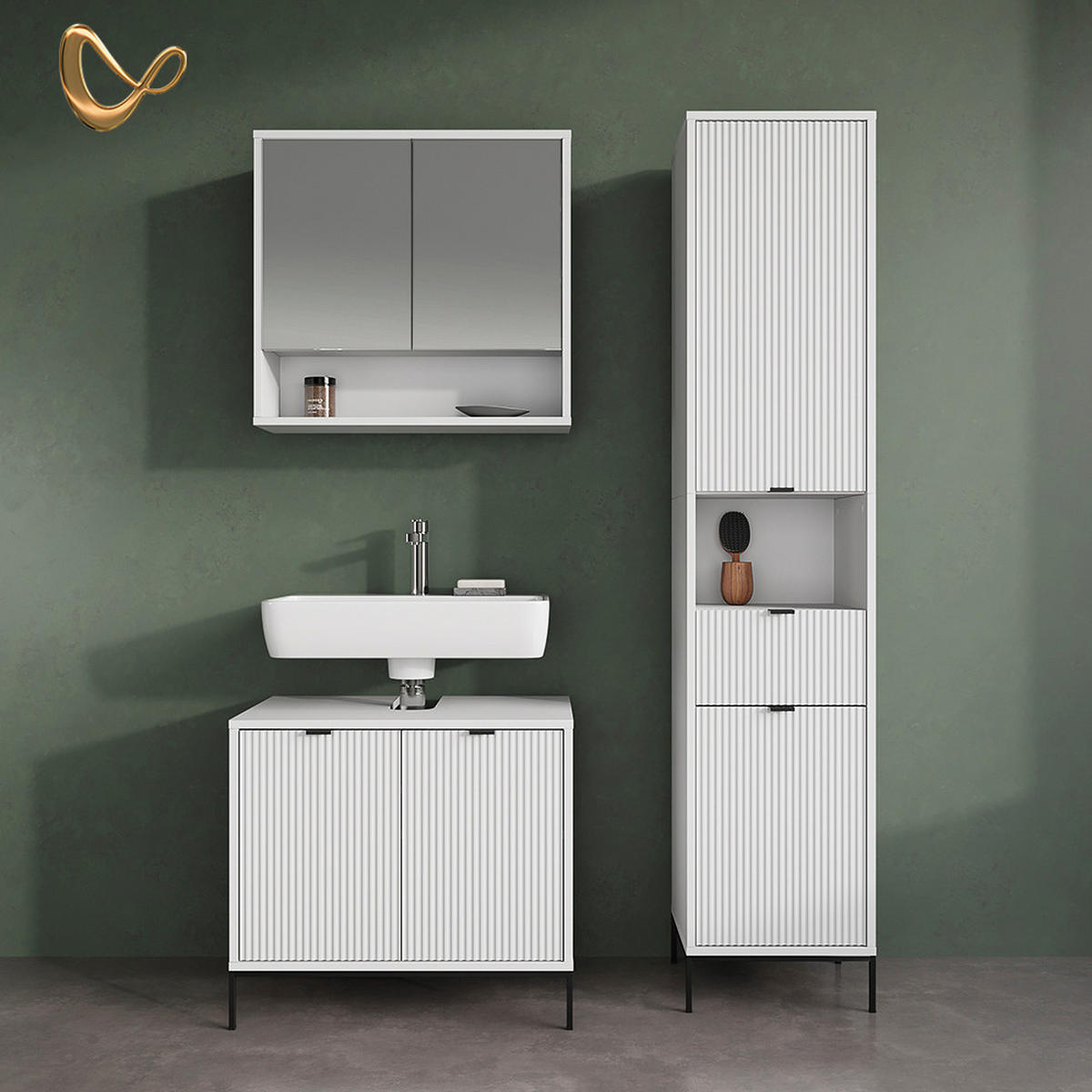 BADMÖBEL-SET ATERNO Weiß 3 Teile, mit Hochschrank - Weiß, Holzwerkstoff (70/63/45cm) - Livinity®