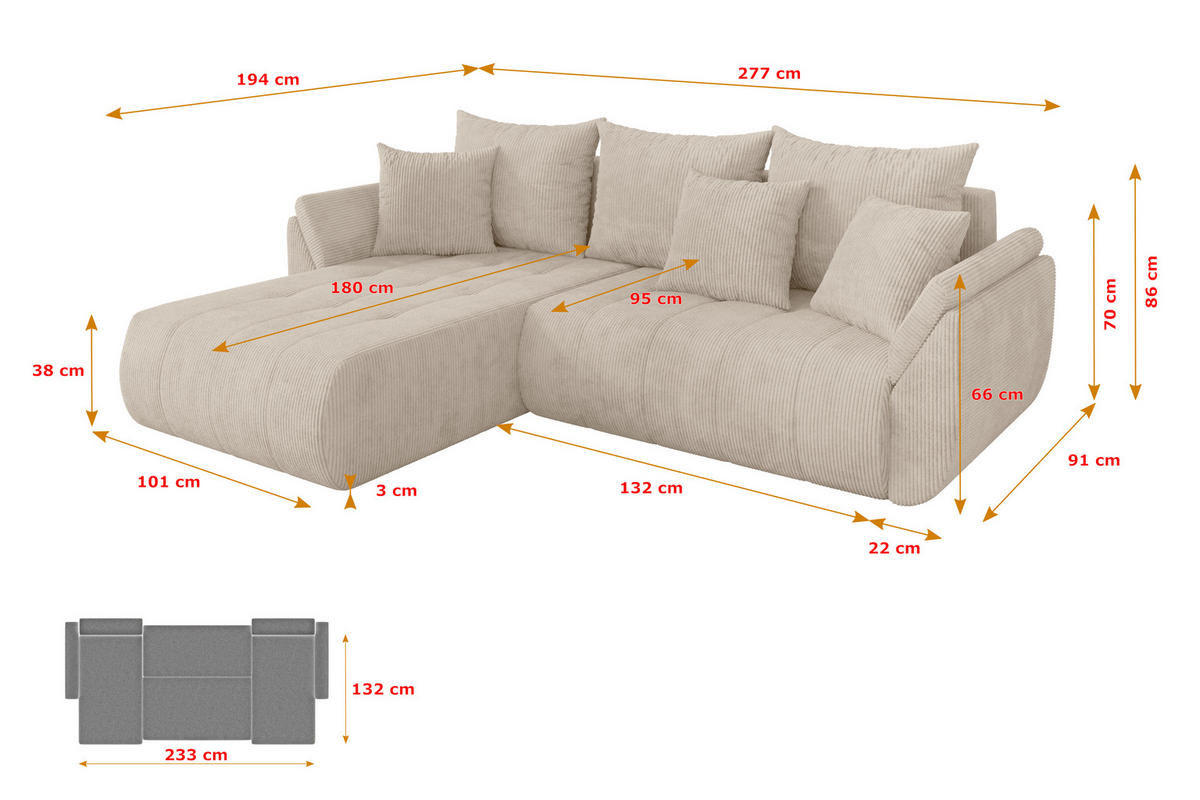 ROHOVÁ SEDAČKA s funkcí spaní, otoman vlevo TOKO-L 277x194x86 béžová manšestr - černá/béžová, kompozitní dřevo/textil (277/194cm) - ALTDECOR