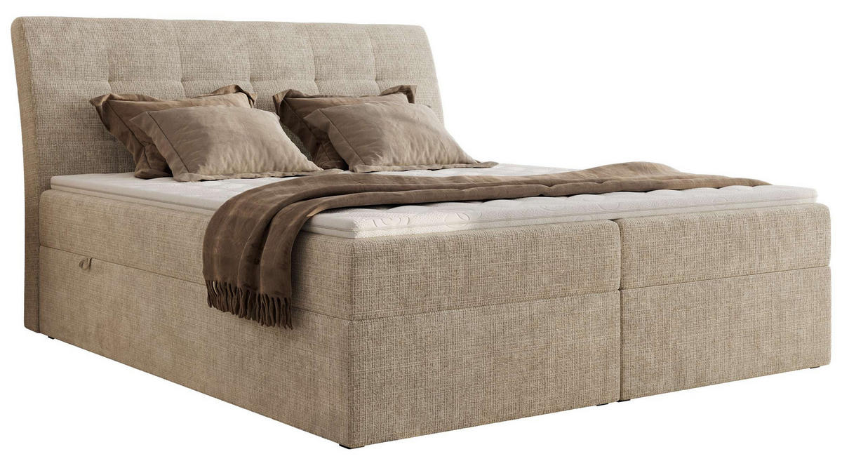 BOXBETT DAGOS 120/200 - Beige Schenille grob gewebt - H3 - Topper Visco - Beige, Textil (120/200cm) - MKS