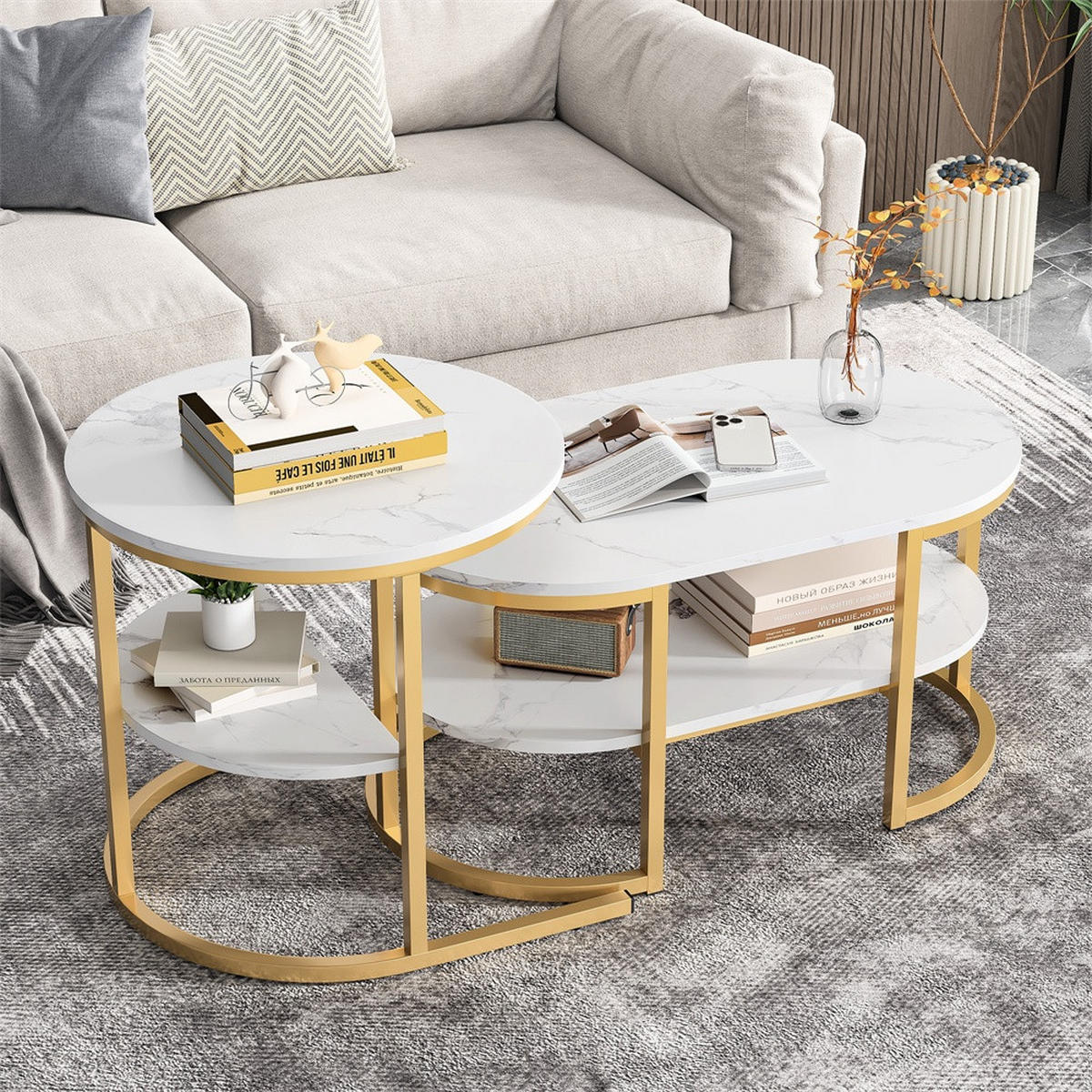 COUCHTISCH 2er-Set - Ovaler und Runder Couchtisch in Marmoroptik mit Ablage - Weiß und Gold - Goldfarben, Holzwerkstoff (46/80/41cm) - DELFA