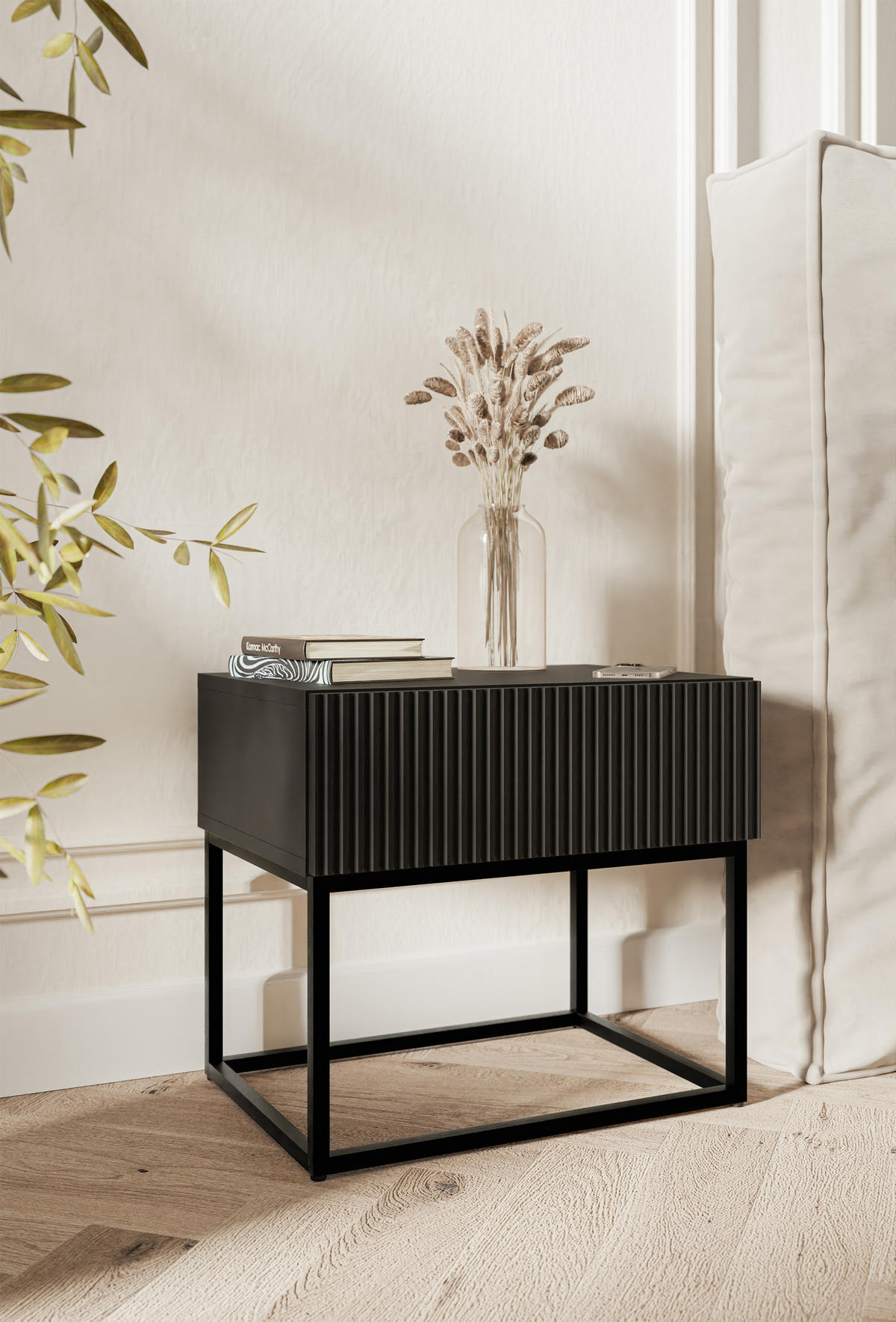 NACHTSCHRANK Veldio Schwarz mit schwarzen Beinen 50 cm - Schwarz, Holzwerkstoff/Metall (50/44/35.6cm) - Selsey