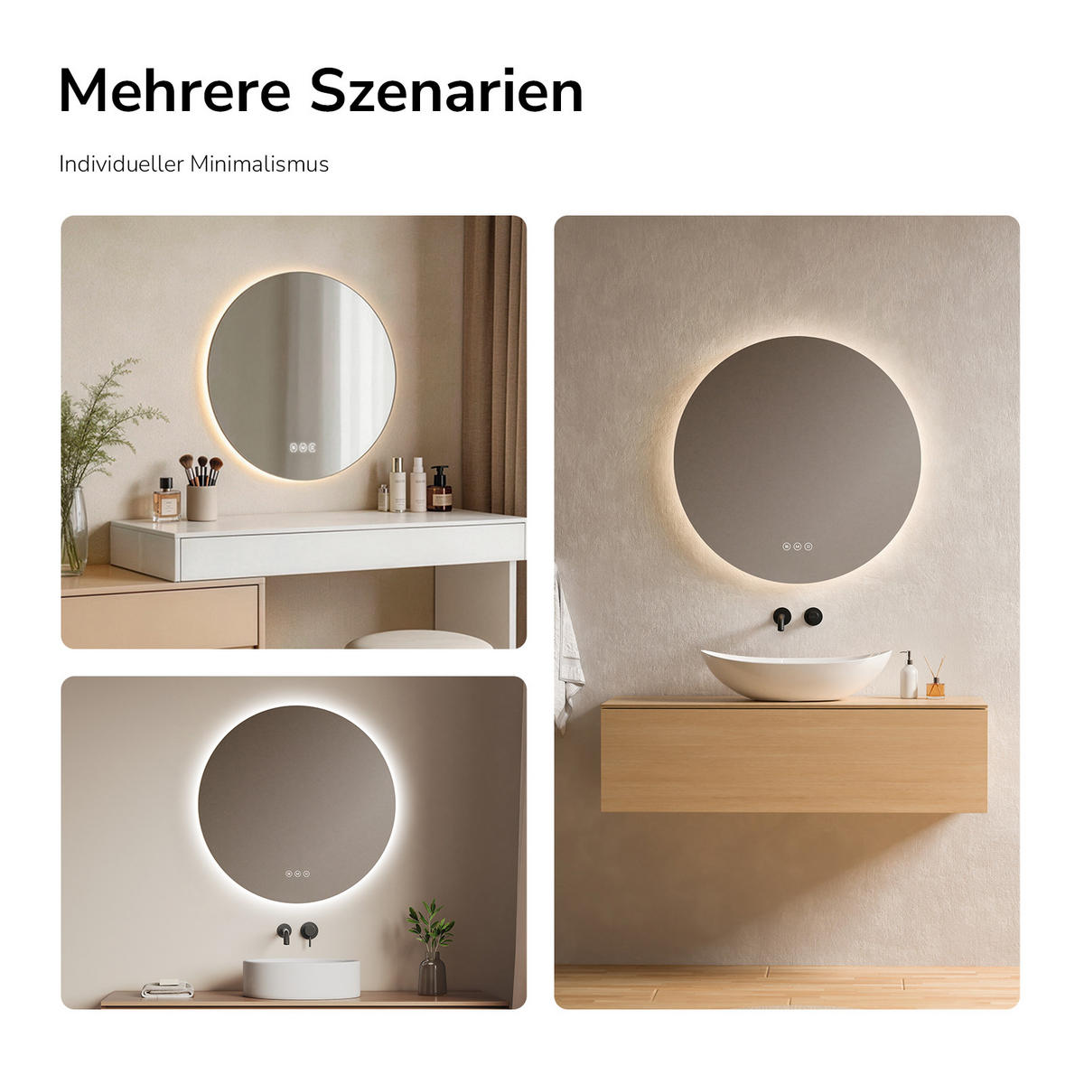 BADSPIEGEL Rund mit Beleuchtung Rahmenlos, 3 Lichtfarben, beschlagfrei, Ø 80 cm - Weiß, Glas (80/3.5/80cm) - EMKE