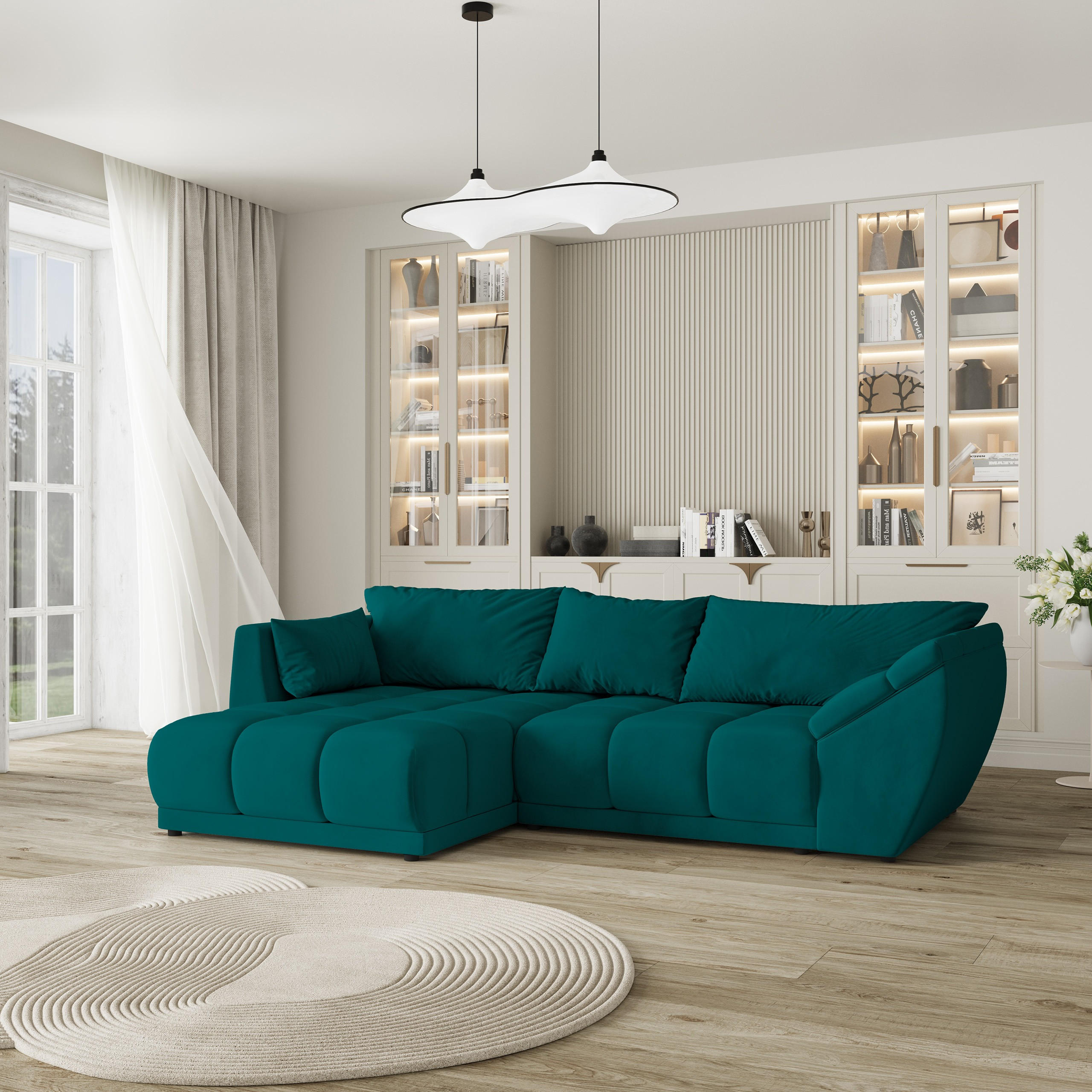 ECKSOFA ORENTI L-S Blau Velours-Stoff mit Schlaffunktion - Blau, Holz (287/182cm) - MASSENO