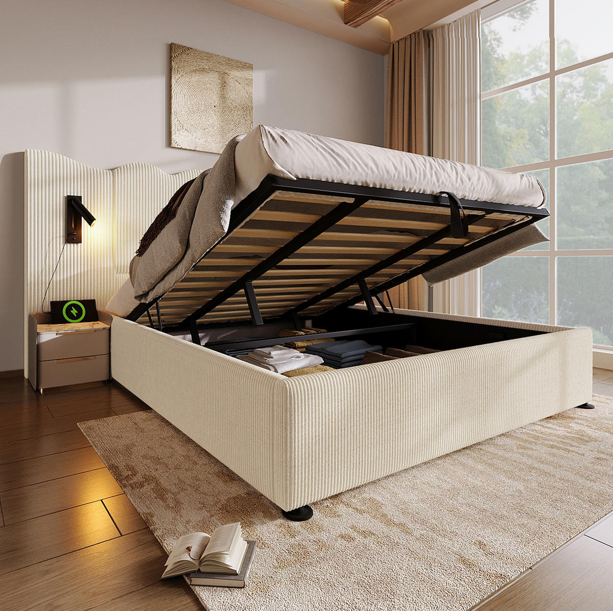 BETT mit Stauraum und Leselampe 180x200 cm Cord Beige-Weiß - Beige, Metall (180/200cm) - Meubliv