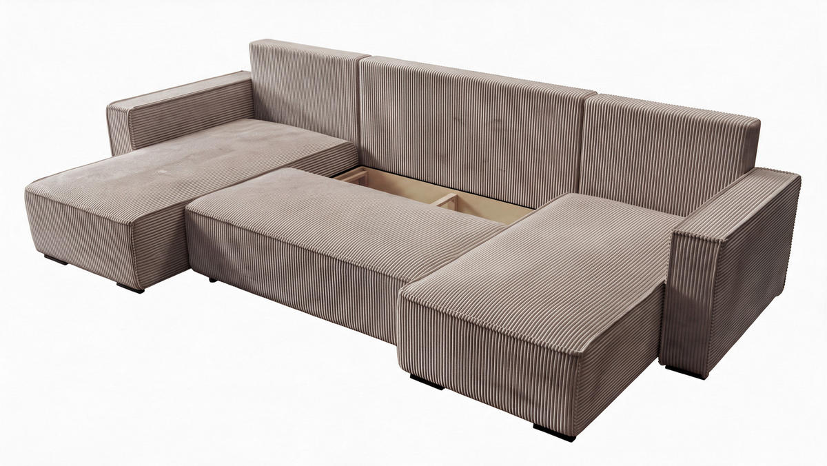 WOHNLANDSCHAFT CUDDY U mit Schlaffunktion und Bettkasten, Farbe: Braun, Cordstoff - Cappuccino, Textil (308/85/144cm) - Storez24