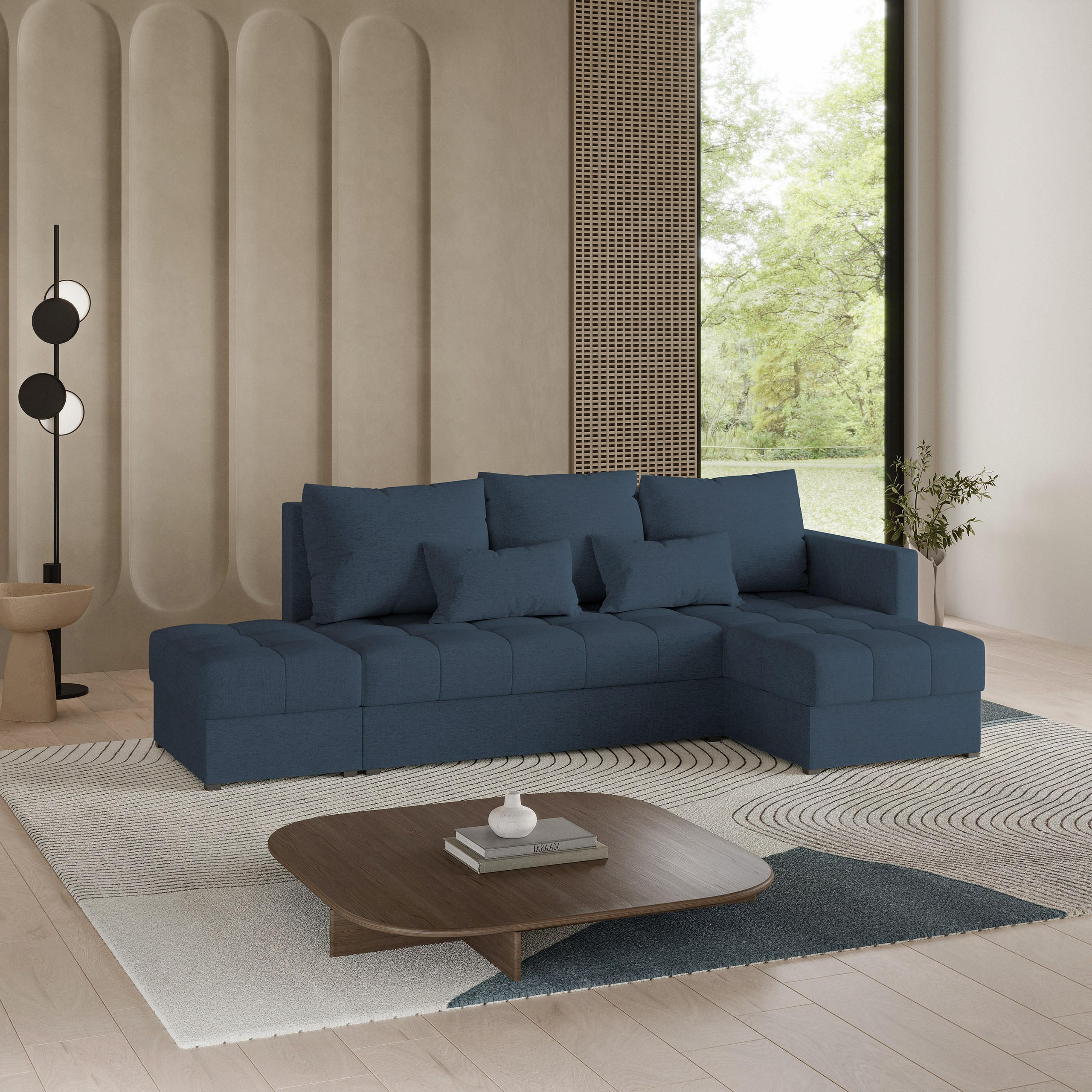 ECKSOFA LUMARI R-S Blau Plüsch-Stoff mit Schlaffunktion - Blau, Holz (262/143cm) - MASSENO