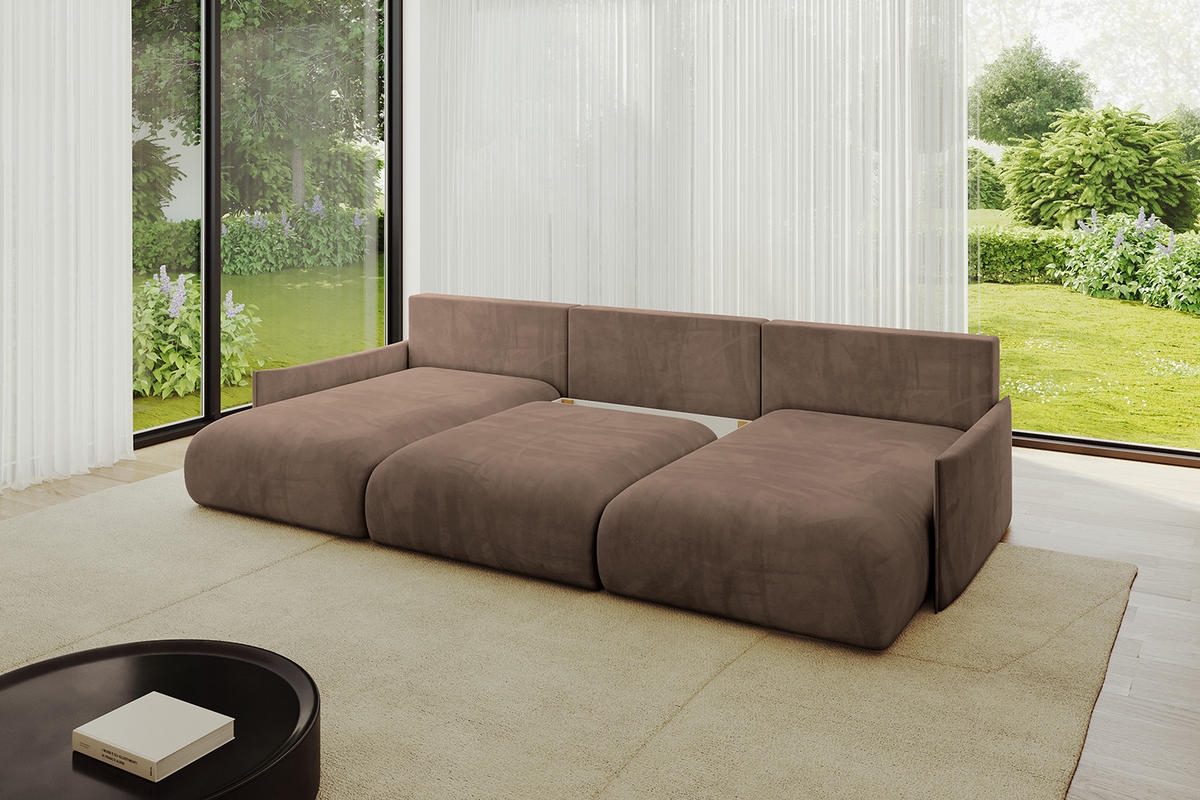 WOHNLANDSCHAFT mit Schlaffunktion und Bettkasten ONESK-U-v1 304x165x40 Braun Velours - Braun, Holzwerkstoff/Kunststoff (304/90/165cm) - ALTDECOR