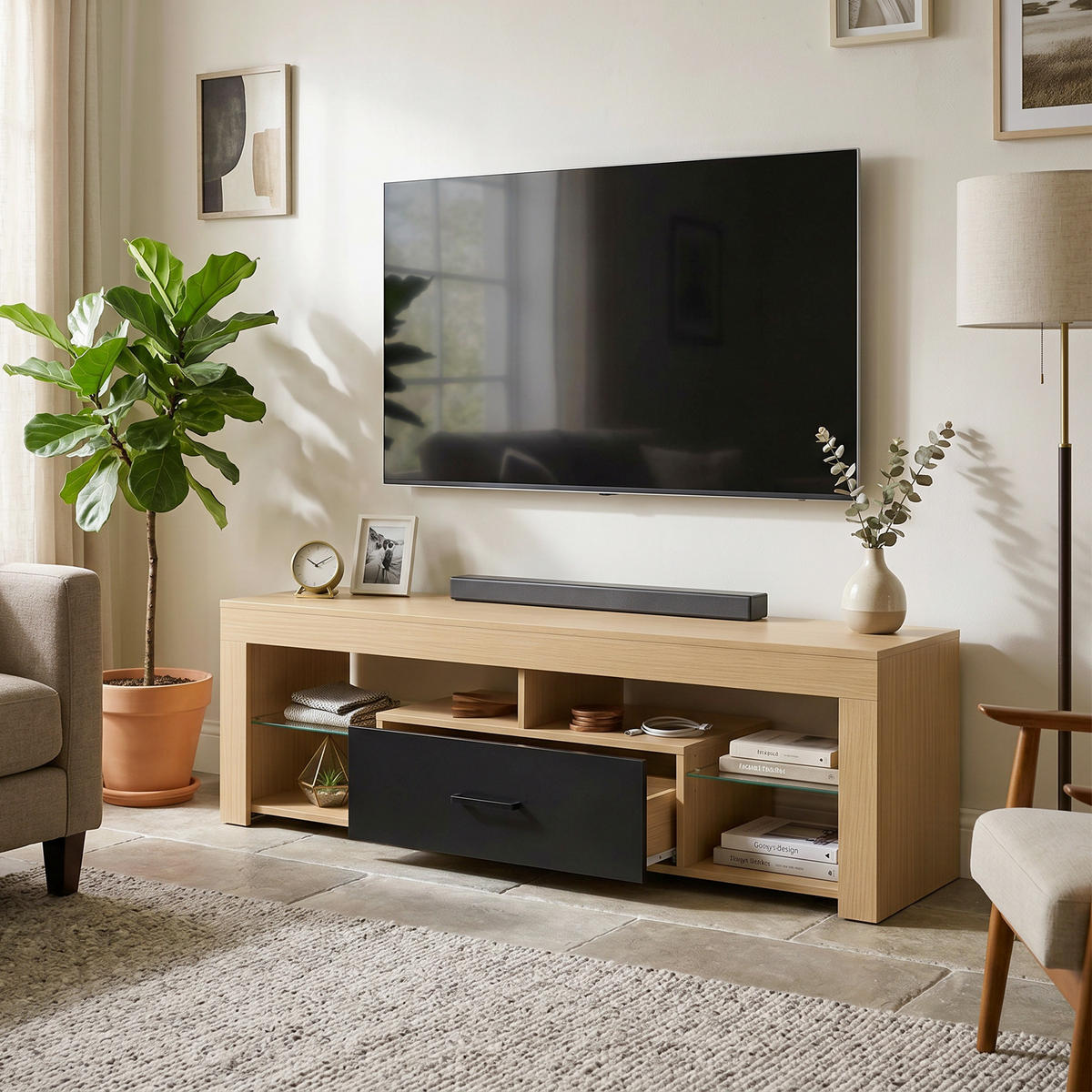 TV-LOWBOARD Spanplatte Glas Eiche - Eichefarben, Glas/Holzwerkstoff (40/45/140cm) - HOMCOM
