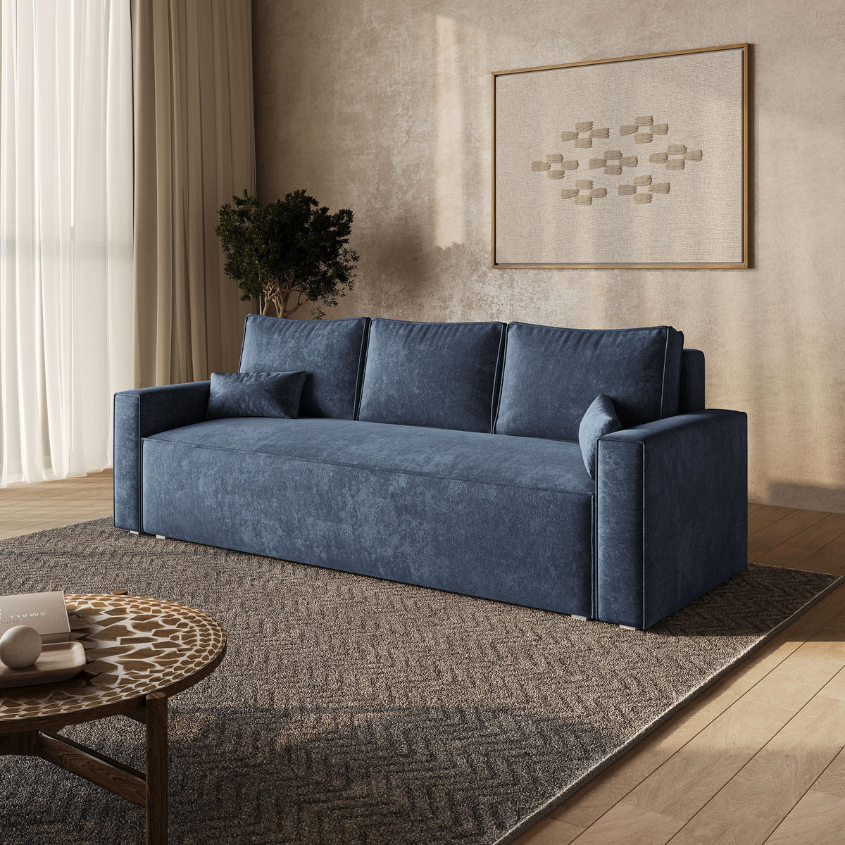 BETTSOFA MENI LM Blau Chenille-Stoff mit Schlaffunktion - Blau, Textil (232/85/87cm) - MASSENO