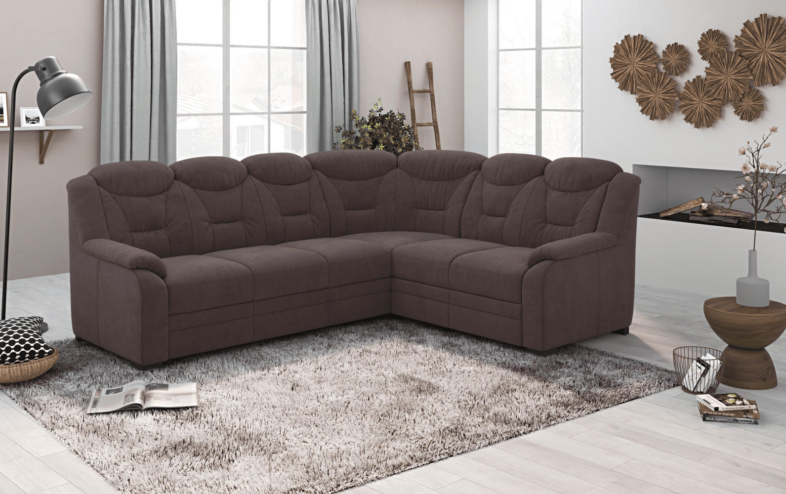 ECKSOFA mit Schlaffunktion und Bettkasten – weiches Chenille-Gewebe - Rotbraun/Dunkelbraun, Holz/Kunststoff (211/263cm) - Cotta