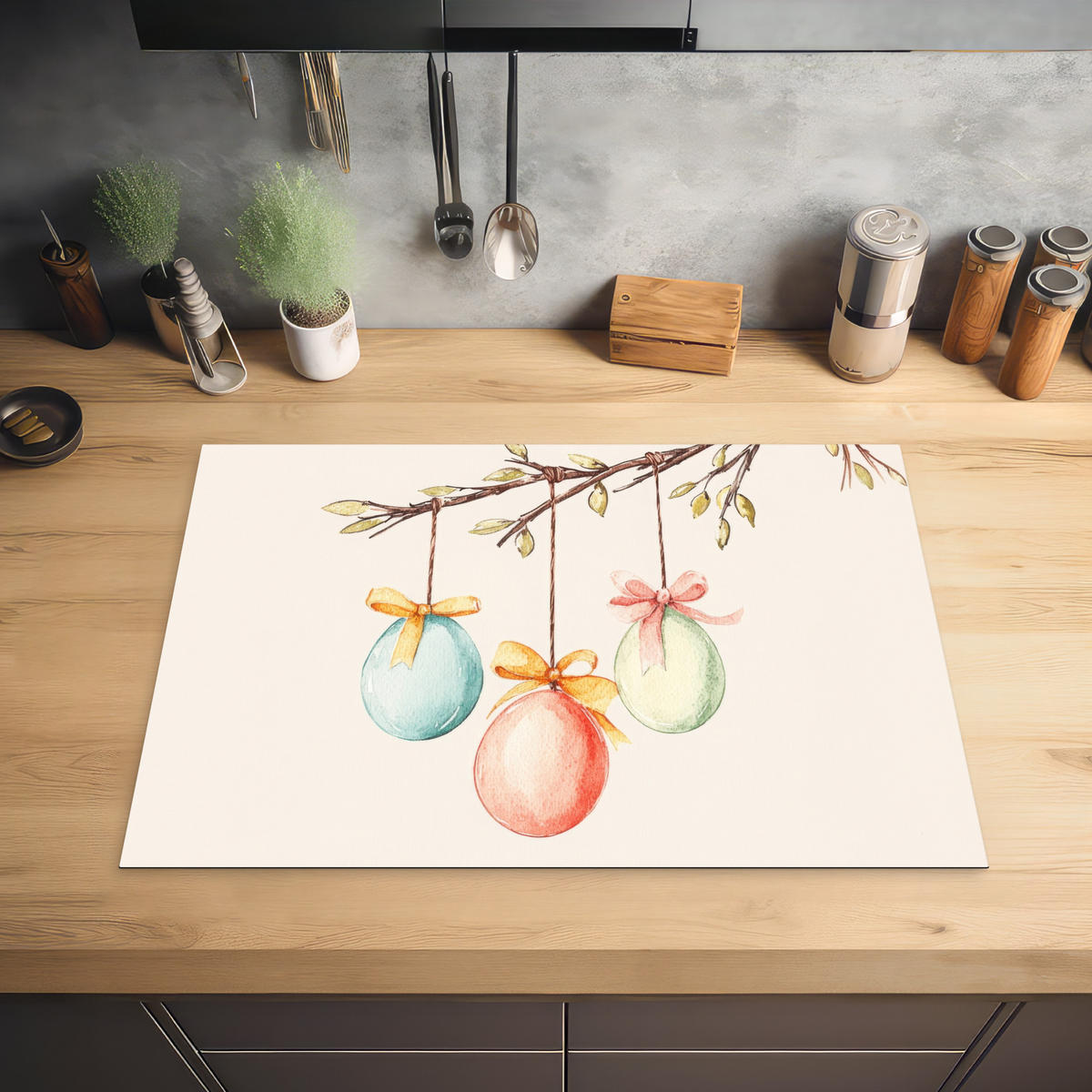 HERDABDECKPLATTE Osterkuchen - Schleife - Eier Herdabdeckung Induktionsfeld 75x52 cm - Creme, Kunststoff (75/52/0.2cm) - MuchoWow