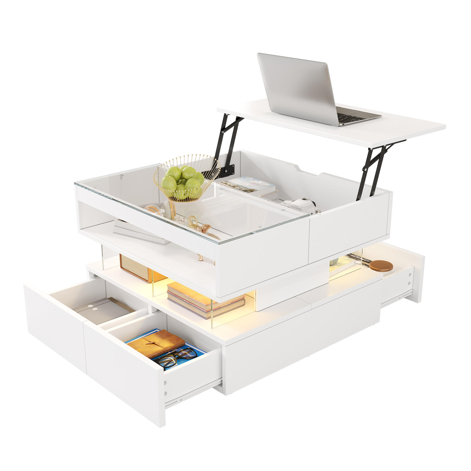 COUCHTISCH Weiß mit Hubfunktion, LED, Schublade und Glasplatte - Weiß, Metall (70/67/54cm)