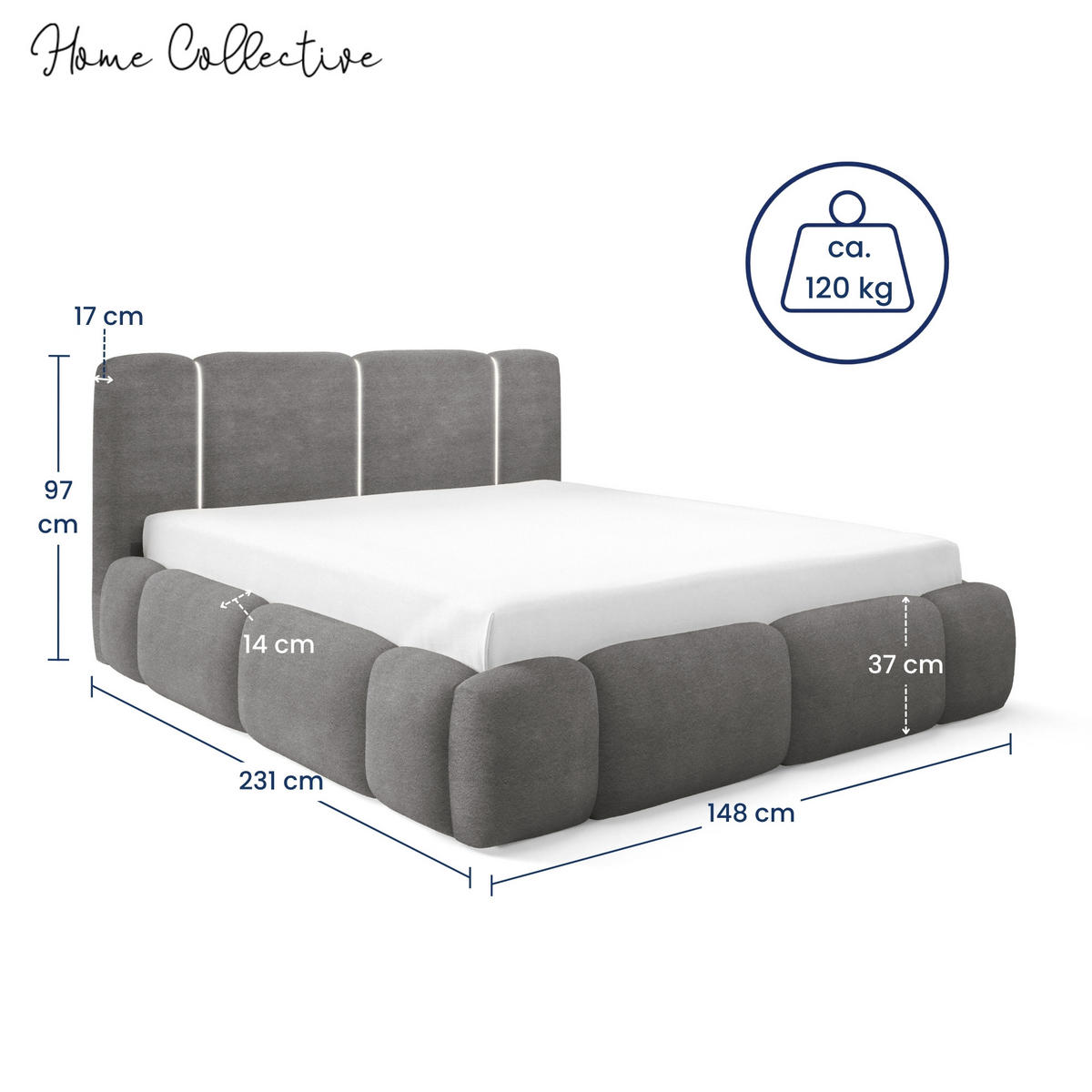 POLSTERBETT mit Stauraum und LED-Beleuchtung 120x200 cm in Grau - Grau, Metall (120/200cm) - Home Collective