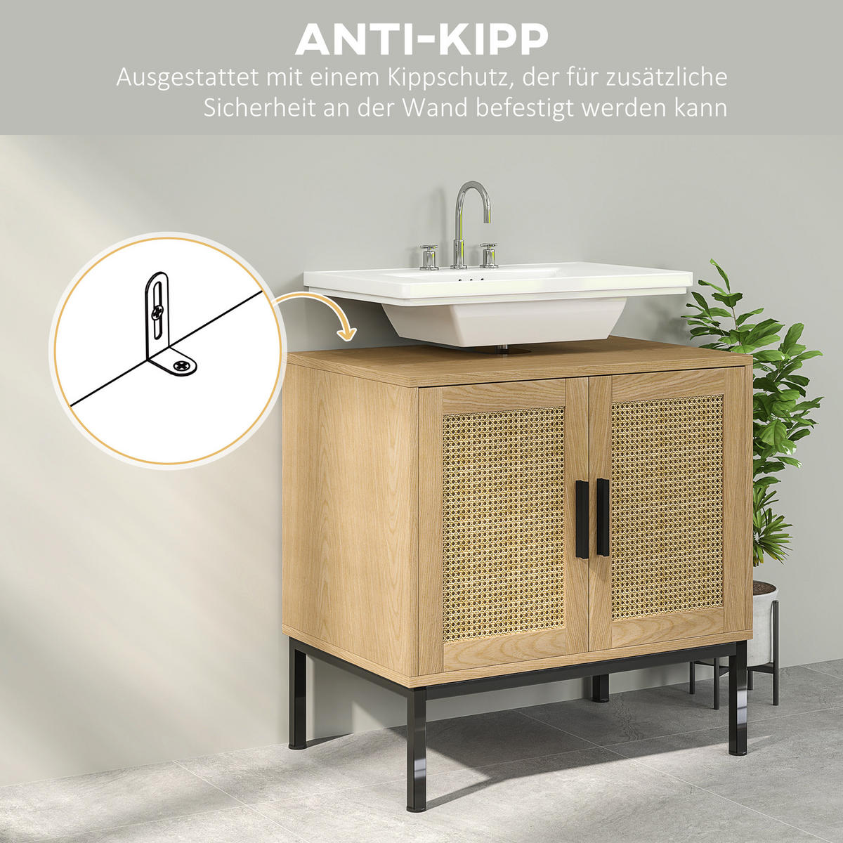 WASCHBECKENUNTERSCHRANK Unterschrank mit Schrankfach, Rattanoptik, Eiche - Eichefarben, Holz (39/60/60cm) - Kleankin
