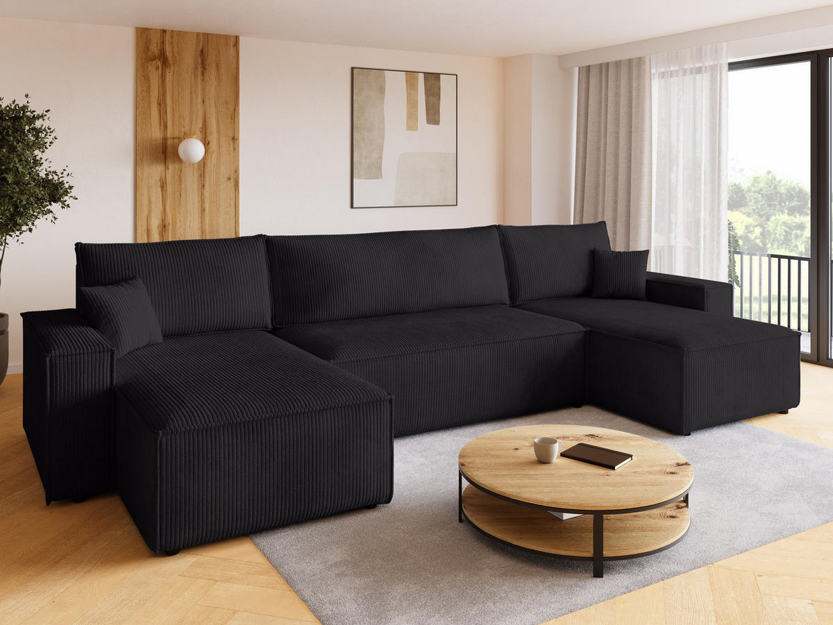 WOHNLANDSCHAFT ADI U mit Schlaffunktion Cordstoff Schwarz - Schwarz, Textil (312/85/143cm) - Bromarkt
