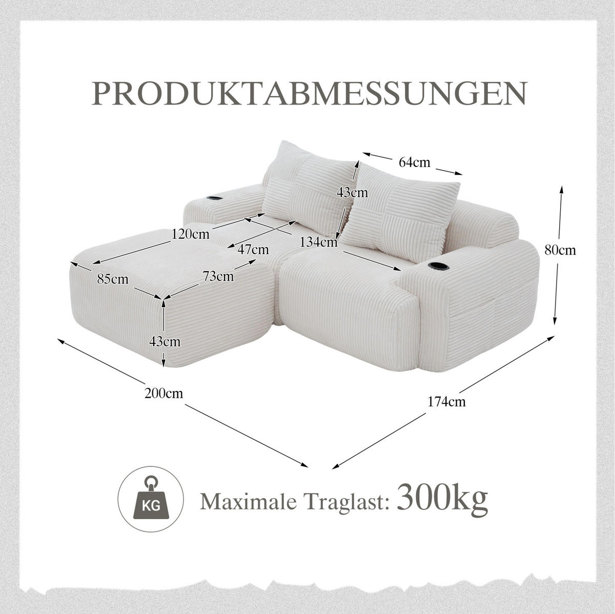 MODULARES 2-Sitzer Sofa Cord mit Getränkehalter und Seitentasche 200/174/80 cm Beige - Beige, Textil (174/200cm) - Redom