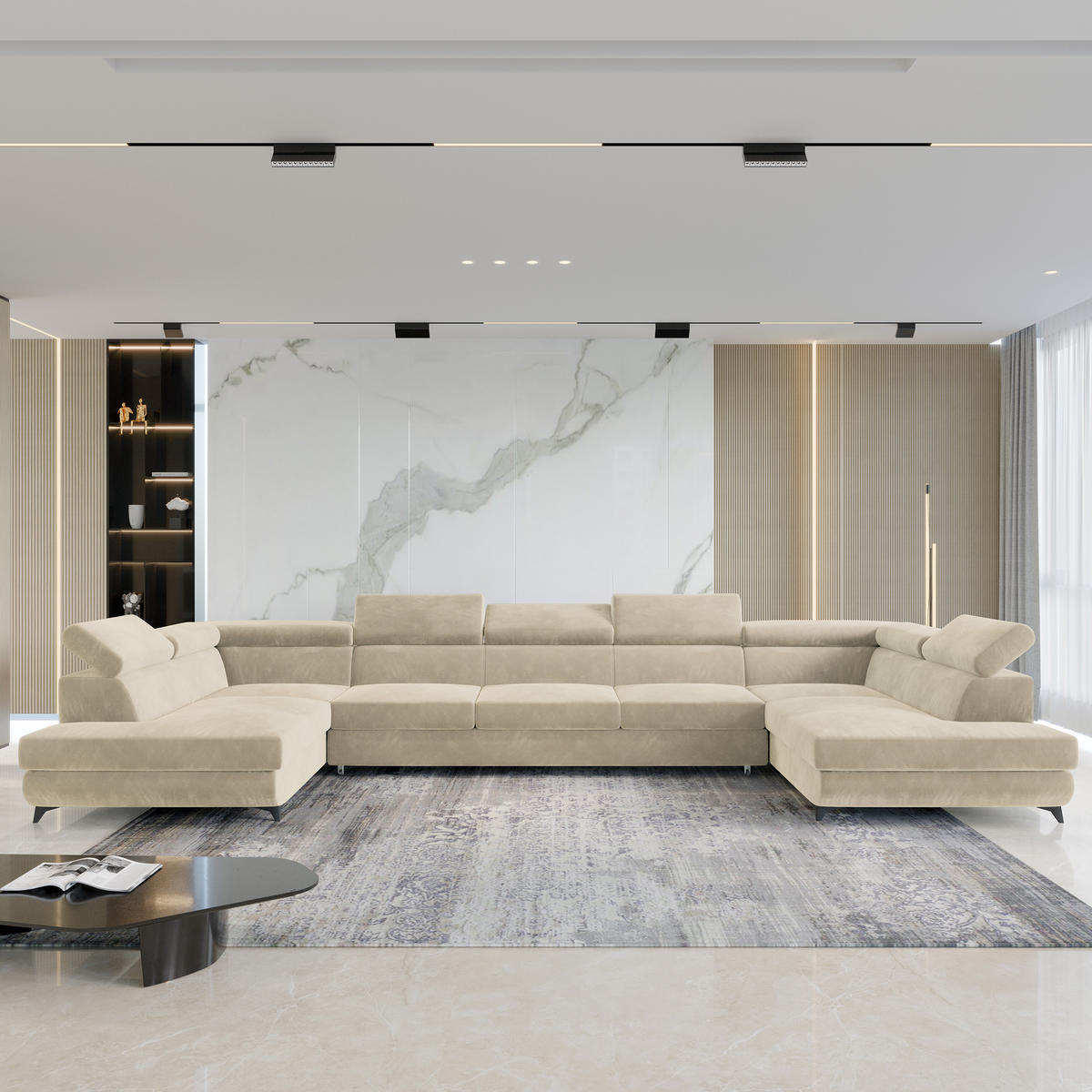 ROHOVÁ SEDAČKA URMANO krémová - černá/krémová, kov/dřevo (395/190cm) - MASSENO