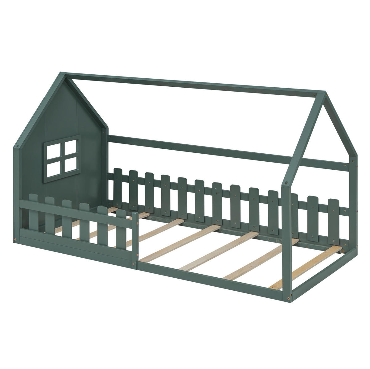 KINDERBETT 90/200 cm in Hausform mit Lattenrost aus Kiefer und MDF, Grün - Grün, Holzwerkstoff (90/200cm) - Redom