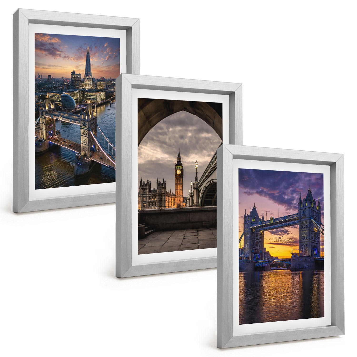 BILDER SET 3er Set - 20x30 cm Silberner Rahmen - Stadtbrücken, Uhrtürme - Silberfarben, Kunststoff (20/30cm) - TULUP