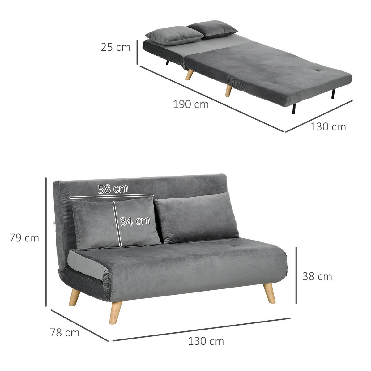 SCHLAFSOFA 2-Sitzer Sofa mit Bettfunktion Klappsofa mit verstellbare Rückenlehne - Naturfarben/Grau, Holz/Textil (78/79/130cm) - HOMCOM