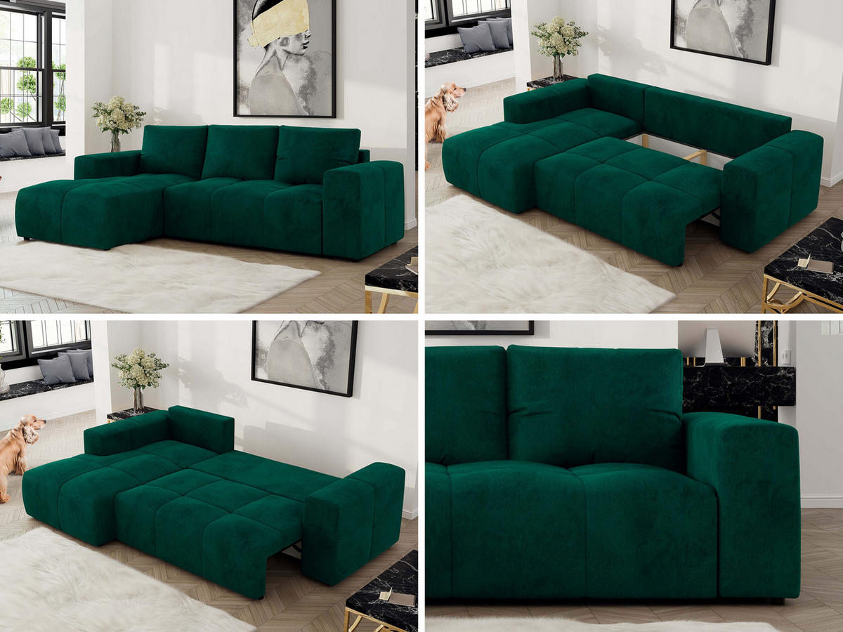 ECKSOFA MONIVA Dunkelgrün Velvet - Links - Dunkelgrün/Schwarz, Textil (164/266cm) - MKS