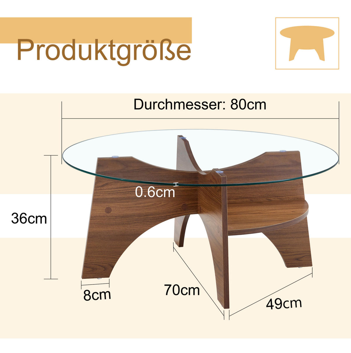 BEISTELLTISCH 80/36 cm aus Glas in Transparent/Walnuss mit fächerförmigem Gestell - Walnussfarben, Holzwerkstoff (80/80/36cm) - Flora Grace