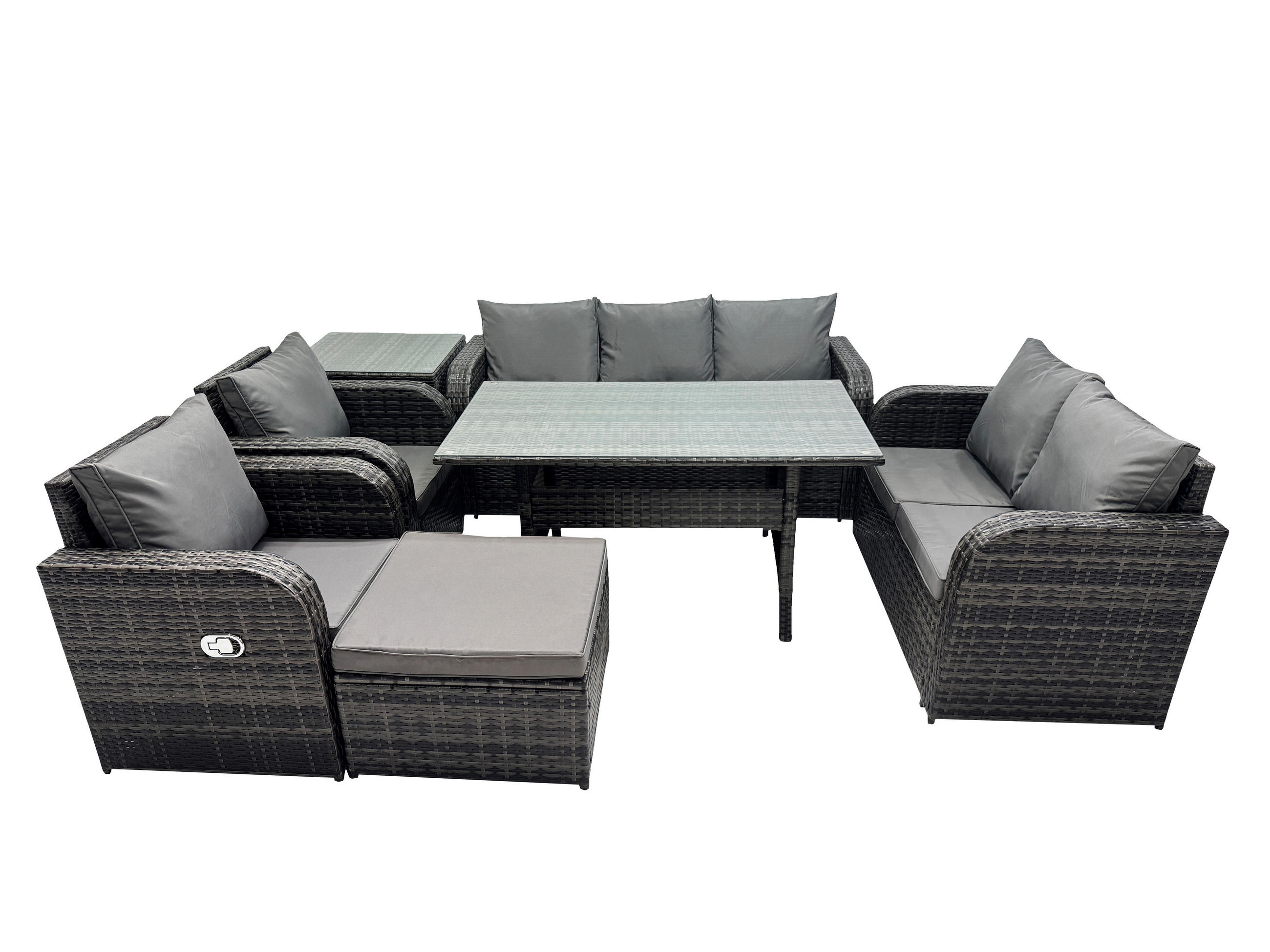 GARTENMÖBELSET mit Esstisch,Zweisitzer,Hocker,Beistelltisch Polyrattan Dunkelgrau 8-Sitzer - Dunkelgrau/Grau, Glas/Kunststoff - Fimous