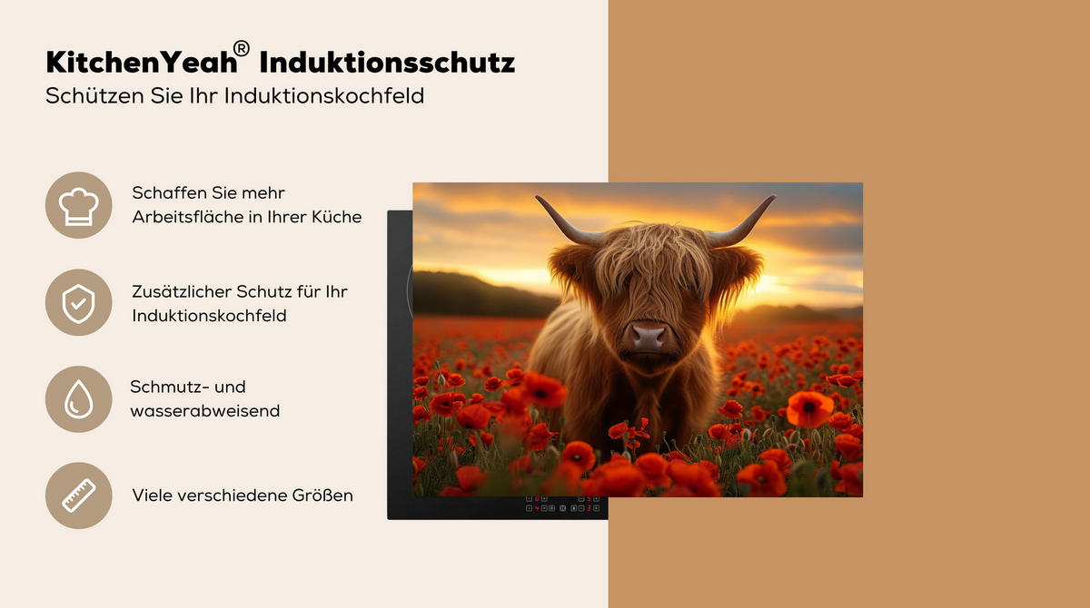 HERDABDECKPLATTE Schottische Highlander - Rosen - Blumenfeld - Sonnenuntergang Herdabdeckung Induktionsfeld 75x52 cm - Rotbraun, Kunststoff (75/52/0.2cm) - MuchoWow