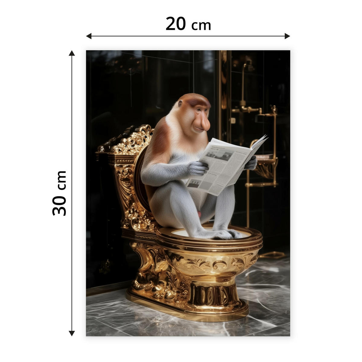 POSTER für WC Badezimmer NASENAFFE mit einer Zeitung Goldene Toilette Abstraktion 20x30cm - Gelb/Schwarz, Papier (20/30/30cm) - Muralo