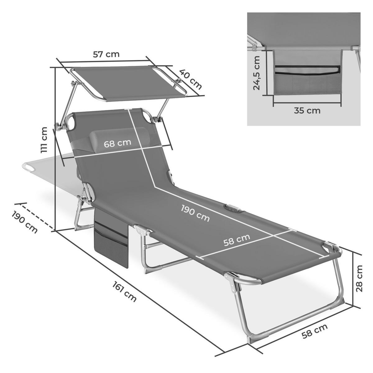 SONNENLIEGE Chloé, 190 x 68 x 111 cm, mit Seitentasche, grau - Grau, Kunststoff (68/111/161cm) - tectake