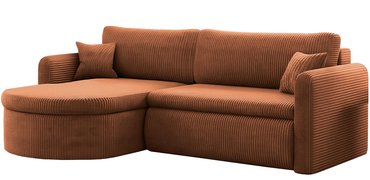 ECKSOFA Cora mit Schlaffunktion & Stauraum, Universell Rechts/Links, Orange Kupfer Cord Chenille 260/82/160 cm - Schwarz/Orange, Kunststoff/Textil (250/160cm) - WFL GROUP