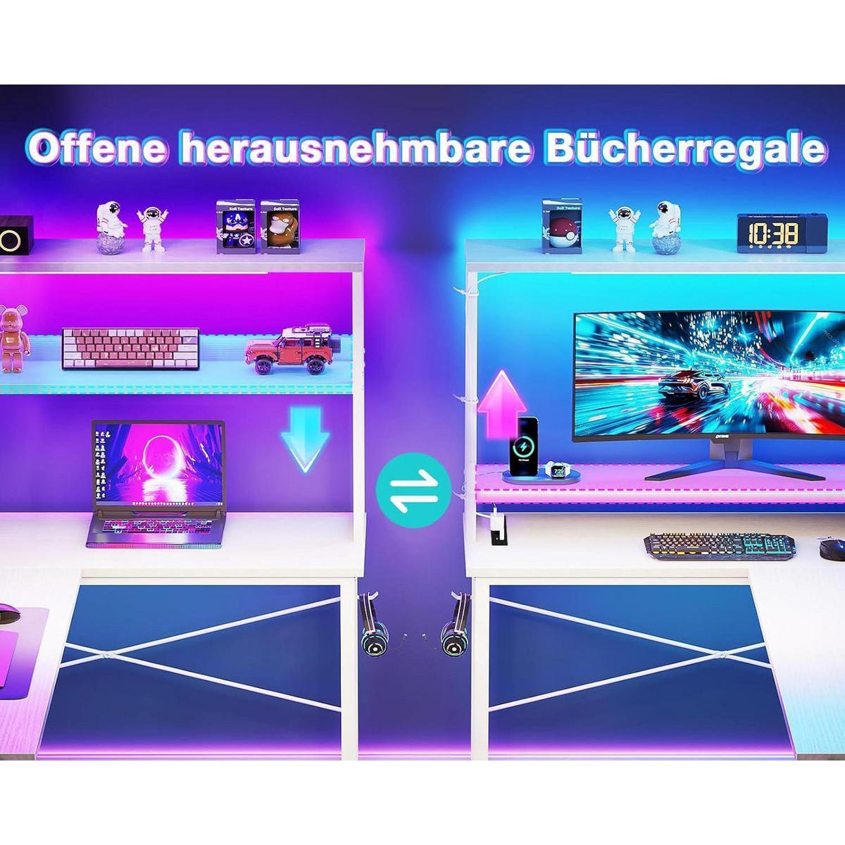 GAMING Tisch L-Form mit LED und Steckdosen 135 x 100 cm Weiß - Weiß, Holzwerkstoff (80/110/75.6cm)