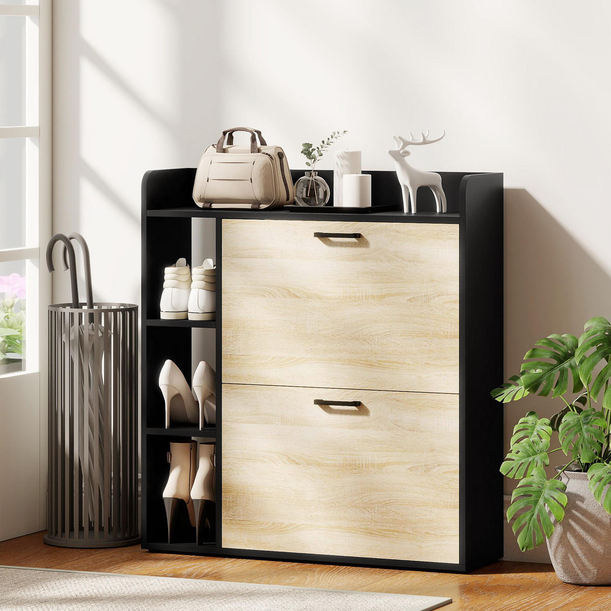 SCHUHSCHRANK Natur und Schwarz Holzwerkstoff klappbar mit Fächern 1 Stück - Naturfarben, Holzwerkstoff (83/90.5/24cm) - PANGIVO