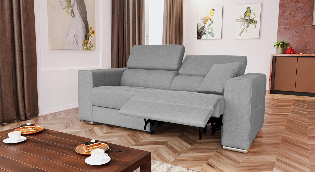 SOFA QUARTZ 3-Sitzer mit 1 Relaxfunktion, hellgrau - Silberfarben/Hellgrau, Holzwerkstoff/Textil (204/80/102cm) - Courtois Laville