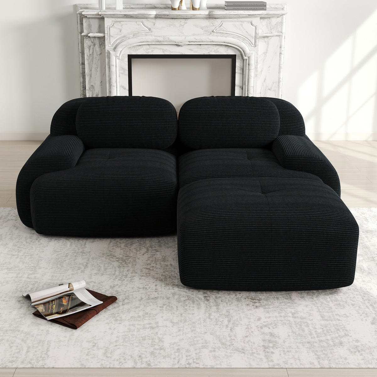 ECKSOFA modular, rahmenlos, mit geschwungenen Armlehnen und Cordbezug, Schwarz - Schwarz, Textil (208/178cm) - Redom