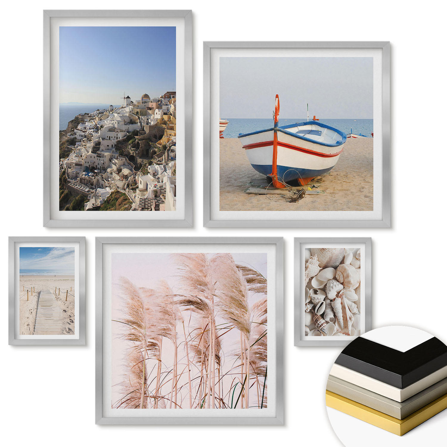 WANDBILDER 5er Set - 50x50 cm & 20x30 cm & 40x60 cm Silberner Rahmen - Japanische Berglandschaften - Silberfarben, Kunststoff (40/60cm) - ArtPrintCave