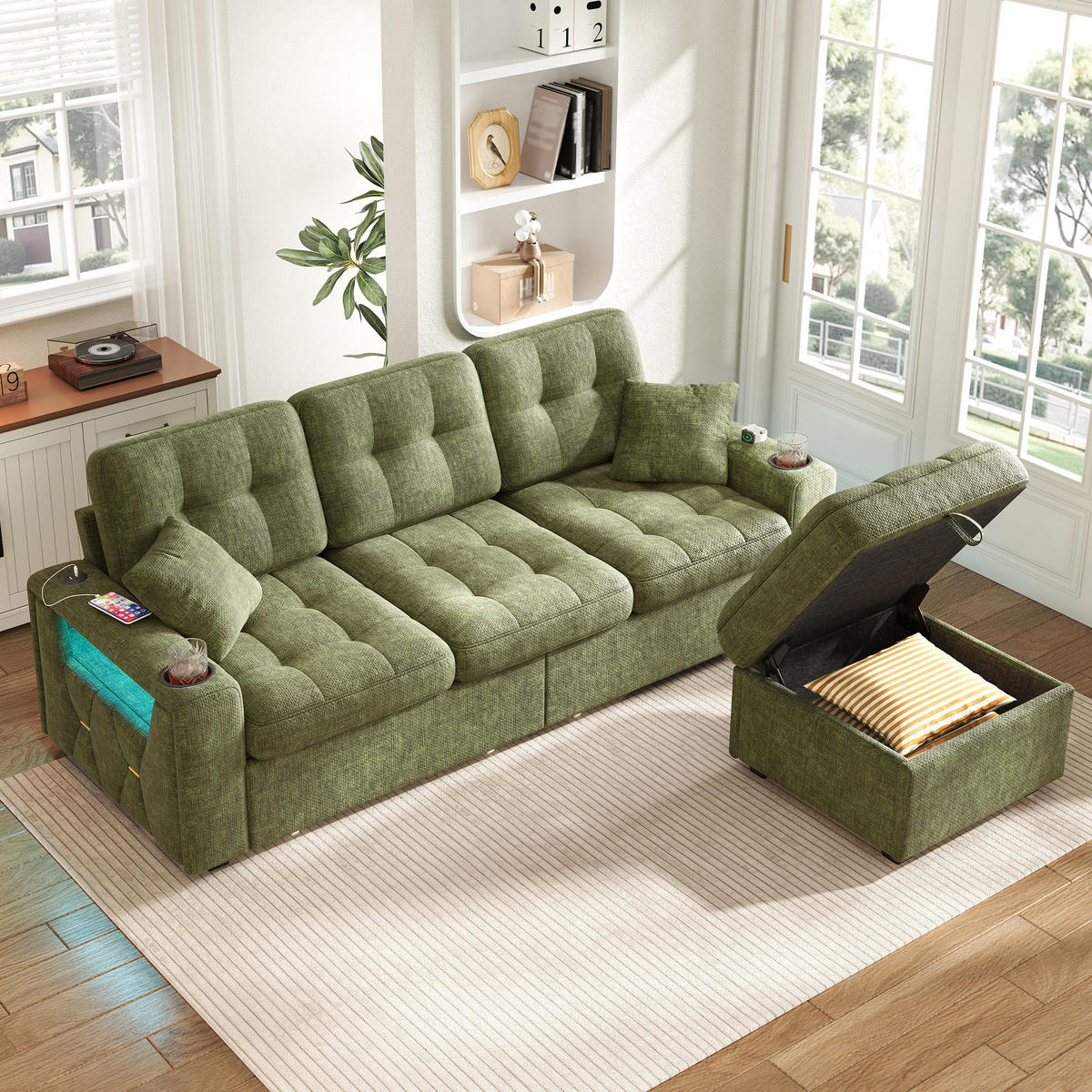 BIGSOFA mit Stauraum-Hocker, USB-C, LED und Getränkehaltern aus Chenille - Grün, Textil (194.5/83/133cm) - EVRYAE