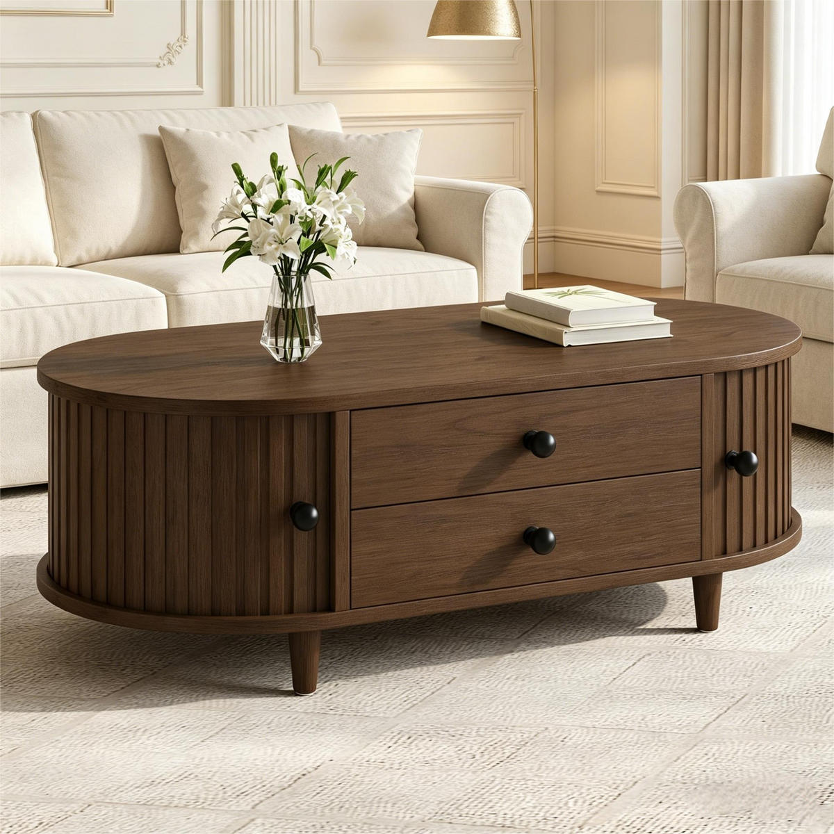 COUCHTISCH mit Stauraum, Rolltüren & Schubladen in heller Holzoptik Skandi 100/50/36 MDF Massivholzbeine - Dunkelbraun, Holzwerkstoff (100/50/36cm) - EVRYAE