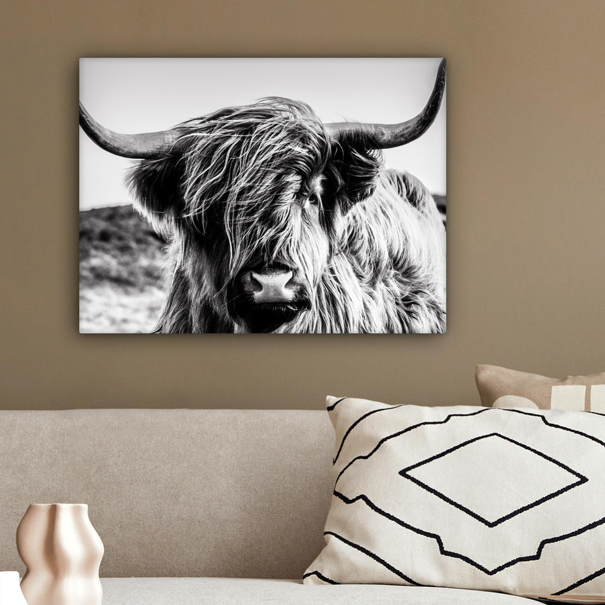LEINWANDBILD Kuh - Schottischer Hochländer - Schwarz - Weiß - Tier - Natur - Wildtiere 40x30 cm - Schwarz, Textil (40/30cm) - MuchoWow