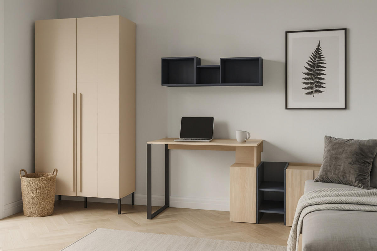 JUGENDZIMMER-SET SORENTO C 3-teilig in Sandbeige/Geölte Eiche/Royalblau - Eichefarben/Beige, Holzwerkstoff (349/195/135cm) - Deine Möbel 24